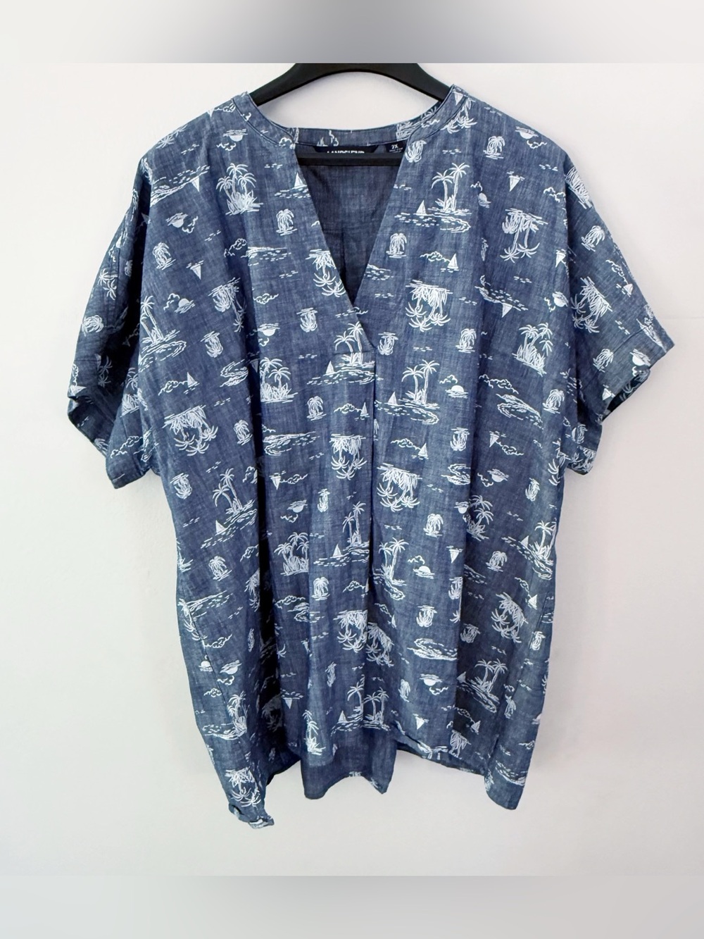 Lands End Women 100% Cotton Tropical Denim Popover Top 2X Beach Coastal Resort